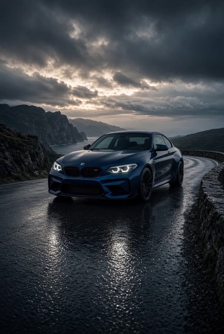 BMW azul numa estrada costeira molhada ao entardecer